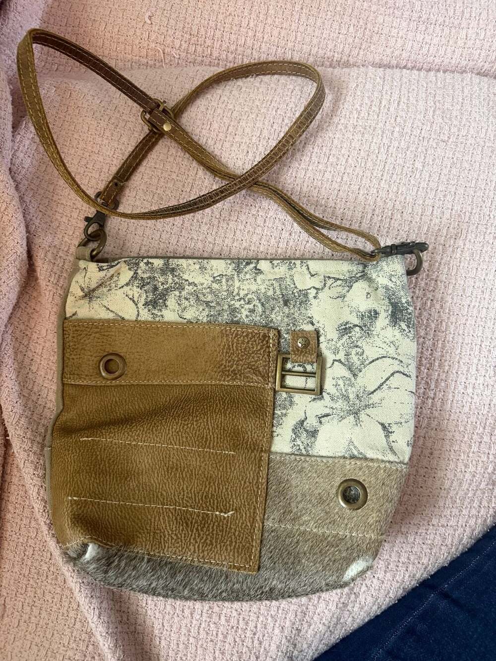 Myra Bag Upcycled Canvas and Cowhide Hair-on-Hide Crossbody Purse